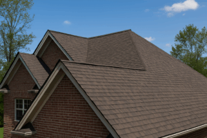 Asphalt shingle roof installed by Heritage Roofing & Exteriors on a brick home, highlighting a popular residential roofing option.