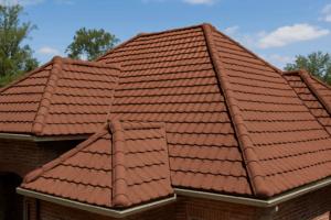 Stone-coated steel roof installed by Heritage Roofing & Exteriors on a brick home, offering superior durability and aesthetic appeal.