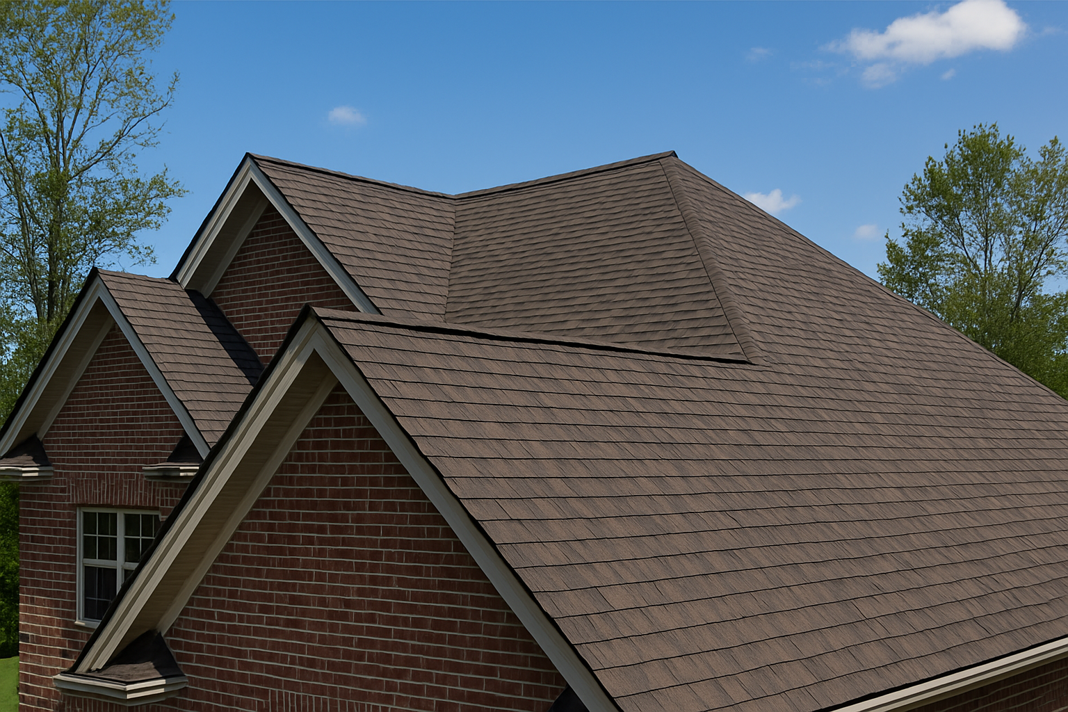 Asphalt shingle roof installed by Heritage Roofing & Exteriors on a brick home, highlighting a popular residential roofing option.
